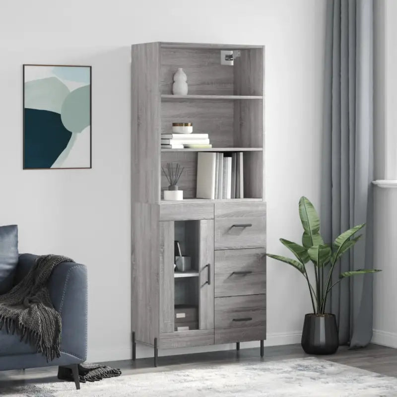 Hoge kast van bewerkt hout met metalen poten voor een moderne uitstraling - Grijs sonoma / 1 / 1 glazen deur 3 lades