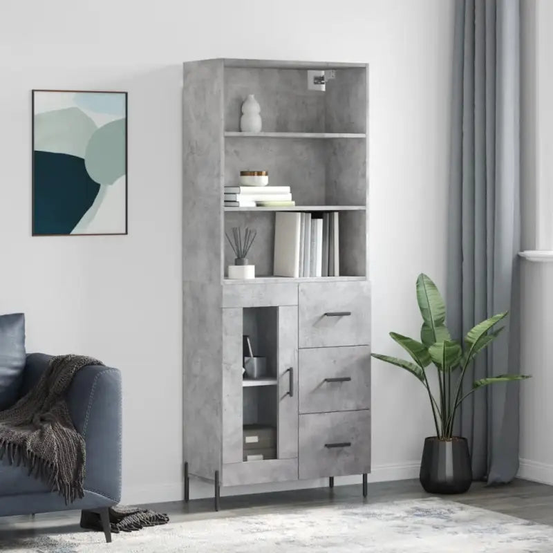 Hoge kast van bewerkt hout met metalen poten voor een moderne uitstraling - Betongrijs / 1 / 1 glazen deur 3 lades