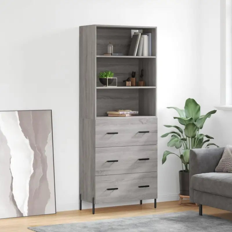 Hoge kast van bewerkt hout met metalen poten voor een moderne uitstraling - Grijs sonoma / 1 / 3 lades - Dressoirs &