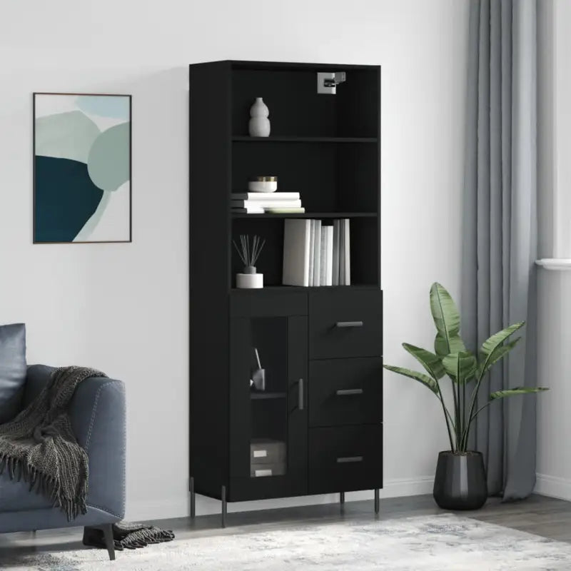 Hoge kast van bewerkt hout met metalen poten voor een moderne uitstraling - Zwart / 1 / 1 glazen deur 3 lades