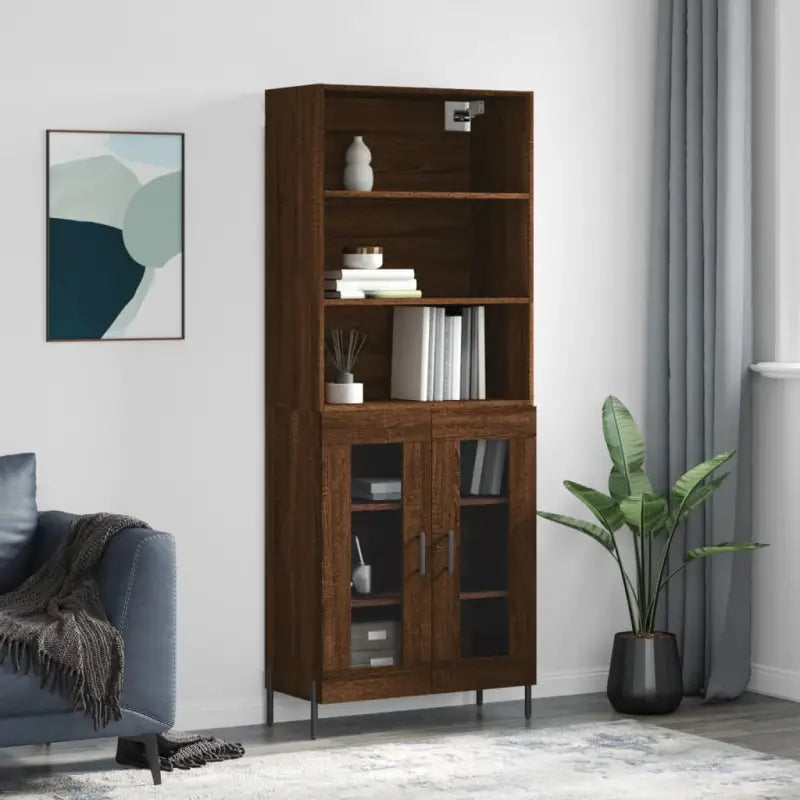 Hoge kast van bewerkt hout met metalen poten voor een moderne uitstraling - bruin eikenkleur / 1 / 2 glazen deuren