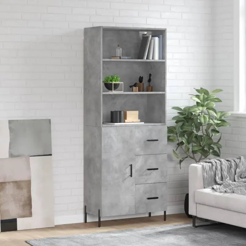 Hoge kast van bewerkt hout met metalen poten voor een moderne uitstraling - Betongrijs / 1 / 1 deur 3 lades - Dressoirs