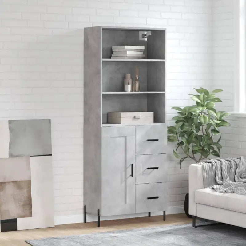 Hoge kast van bewerkt hout met metalen poten voor een moderne uitstraling - Betongrijs / 1 / 1 houten deur 3 lades