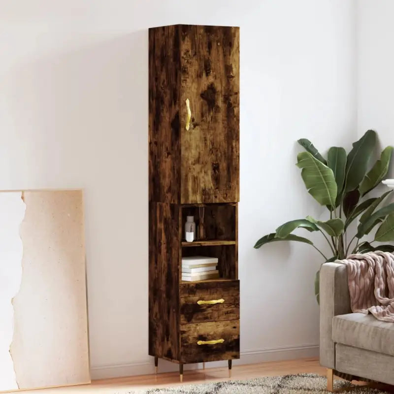 Hoge kast van bewerkt hout voor een stijlvolle en duurzame inrichting - Gerookt eiken / 1 / 2 lades 2 schappen