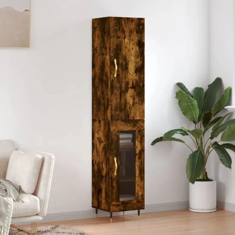Hoge kast van bewerkt hout voor een stijlvolle en duurzame inrichting - Gerookt eiken / 1 / 1 glazen deur - Dressoirs &