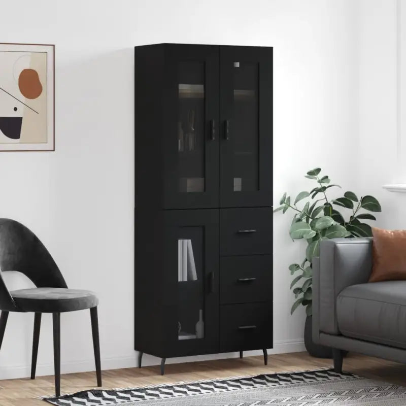 Hoge kast van bewerkt hout voor een stijlvolle en duurzame inrichting - Zwart / 1 / 1 glazen deur 3 lades - Dressoirs &