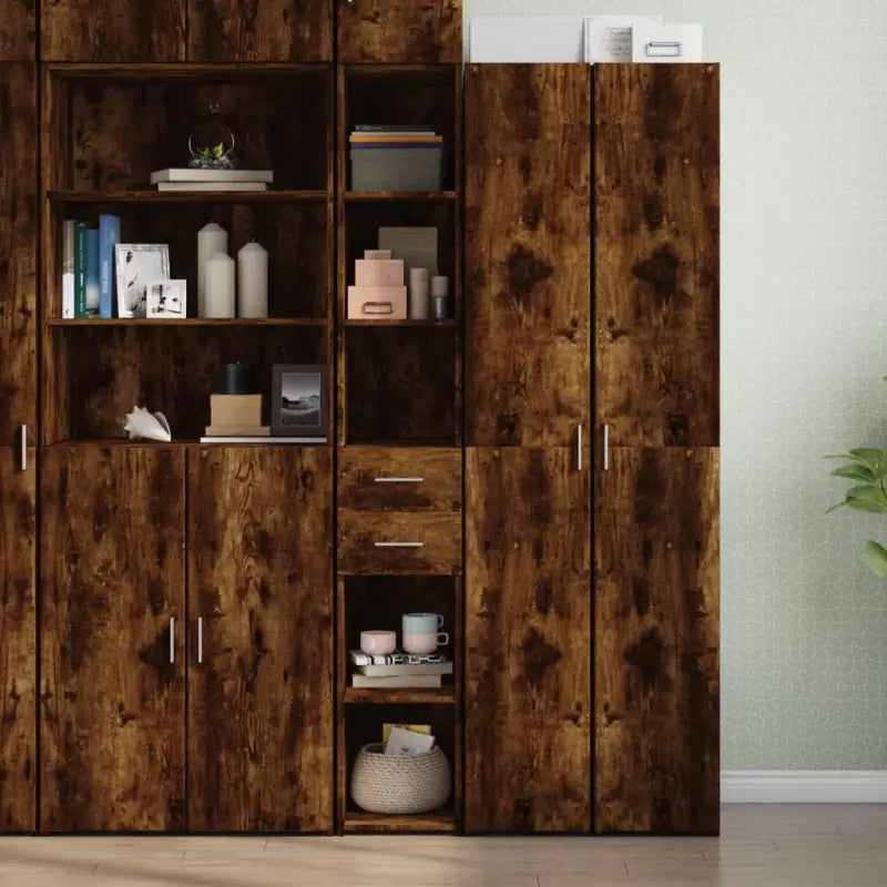 Hoge kast van bewerkt hout voor een stijlvolle inrichting - Gerookt eiken / 1 - Dressoirs & buffetkasten