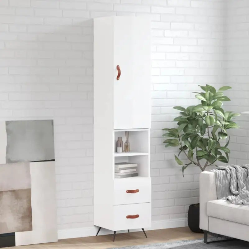 Hoge kast van bewerkt hout voor een trendy en duurzame interieurstijl - Hoogglans wit / 1 / 2 lades 2 schappen