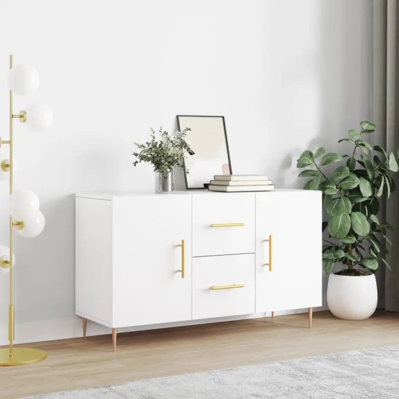 Hoogglans wit dressoir met bewerkt hout en metalen poten - Wit / 1 - Dressoirs & buffetkasten