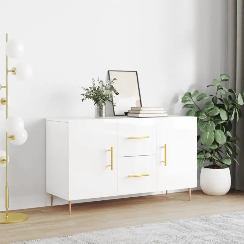 Hoogglans wit dressoir met bewerkt hout en metalen poten - Hoogglans wit / 1 - Dressoirs & buffetkasten