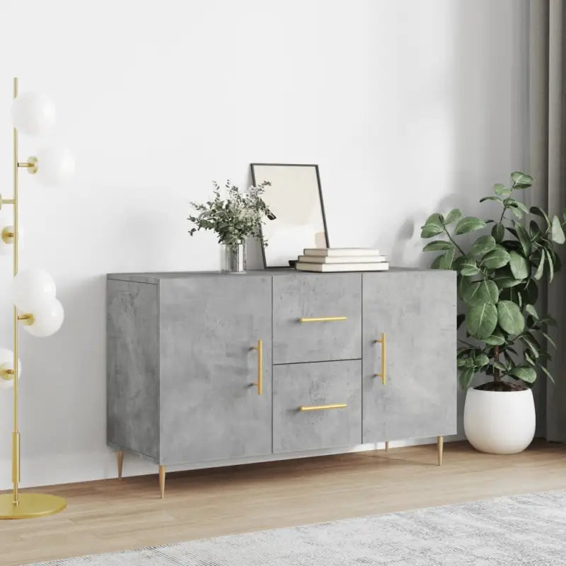 Hoogglans wit dressoir met bewerkt hout en metalen poten - Betongrijs / 1 - Dressoirs & buffetkasten