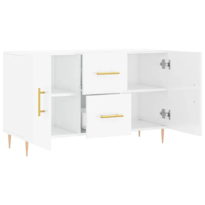 Hoogglans wit dressoir met bewerkt hout en metalen poten - Dressoirs & buffetkasten