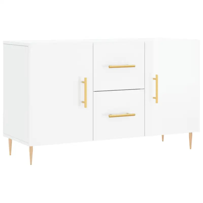 Hoogglans wit dressoir met bewerkt hout en metalen poten - Dressoirs & buffetkasten