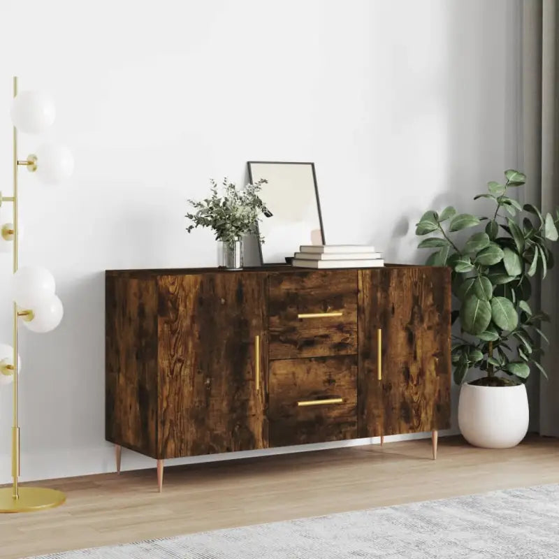 Hoogglans wit dressoir met bewerkt hout en metalen poten - Gerookt eiken / 1 - Dressoirs & buffetkasten