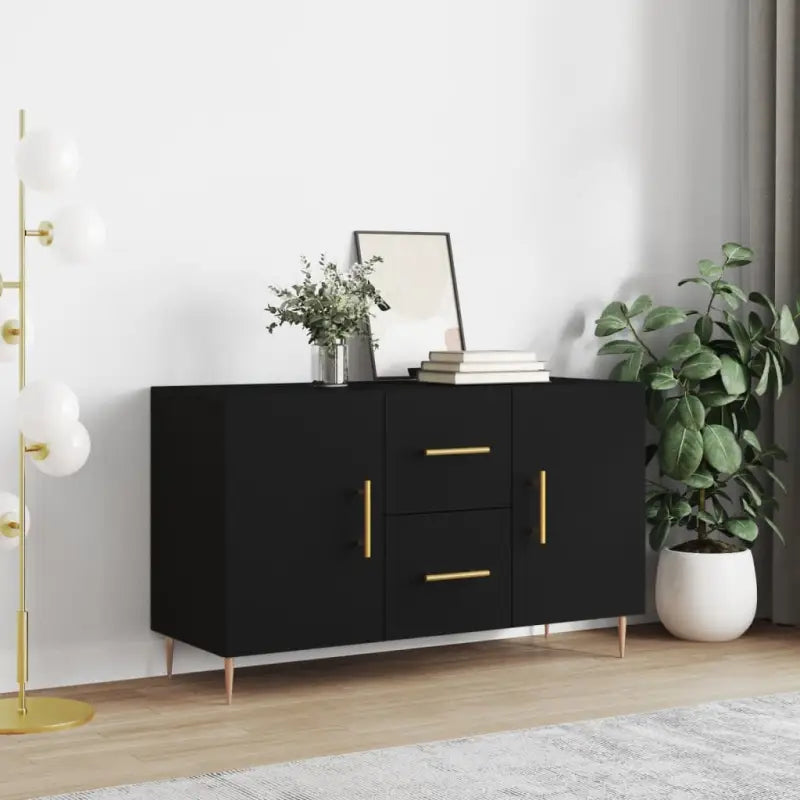 Hoogglans wit dressoir met bewerkt hout en metalen poten - Zwart / 1 - Dressoirs & buffetkasten