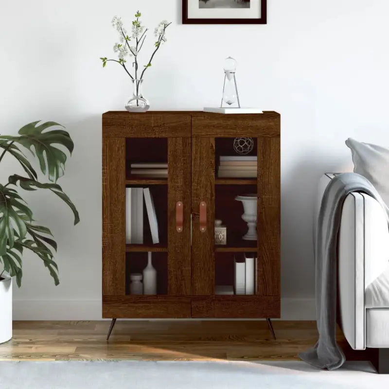 Hoogglans wit dressoir met glas en bewerkt hout voor een tijdloze uitstraling - bruin eikenkleur / 1 - Dressoirs &