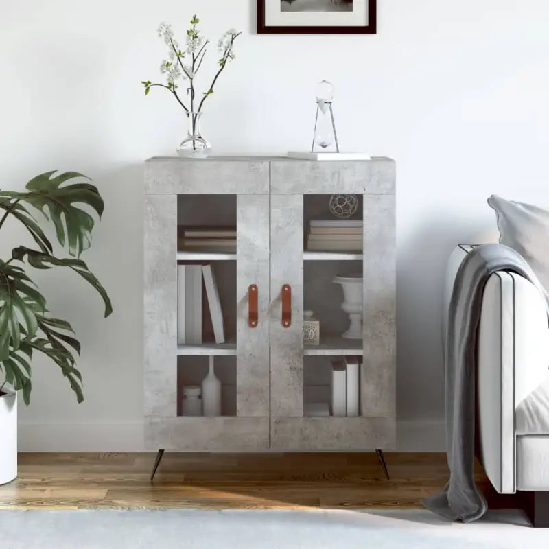 Hoogglans wit dressoir met glas en bewerkt hout voor een tijdloze uitstraling - Betongrijs / 1 - Dressoirs &