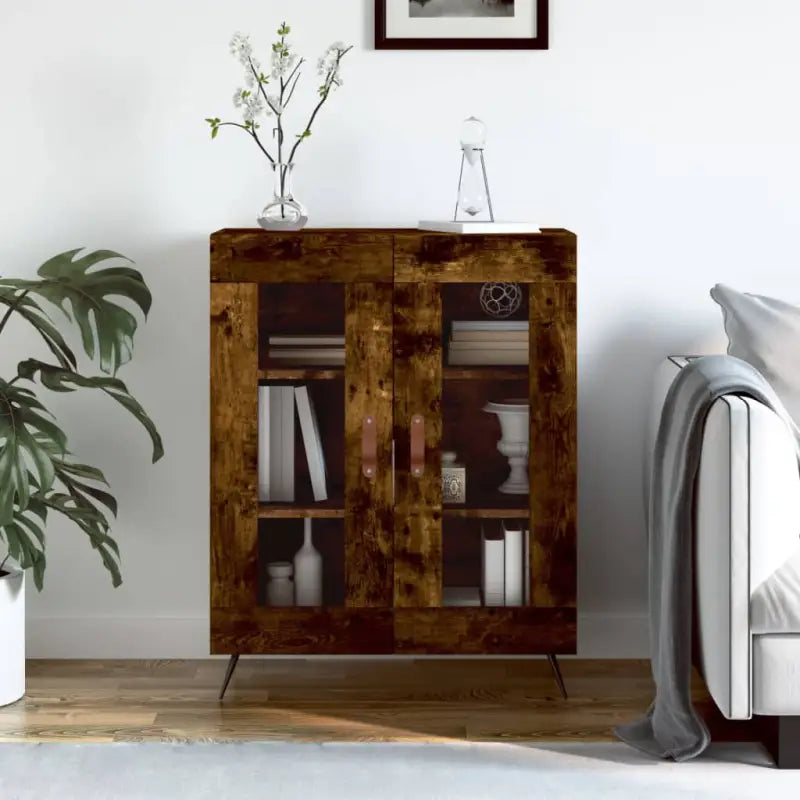 Hoogglans wit dressoir met glas en bewerkt hout voor een tijdloze uitstraling - Gerookt eiken / 1 - Dressoirs &