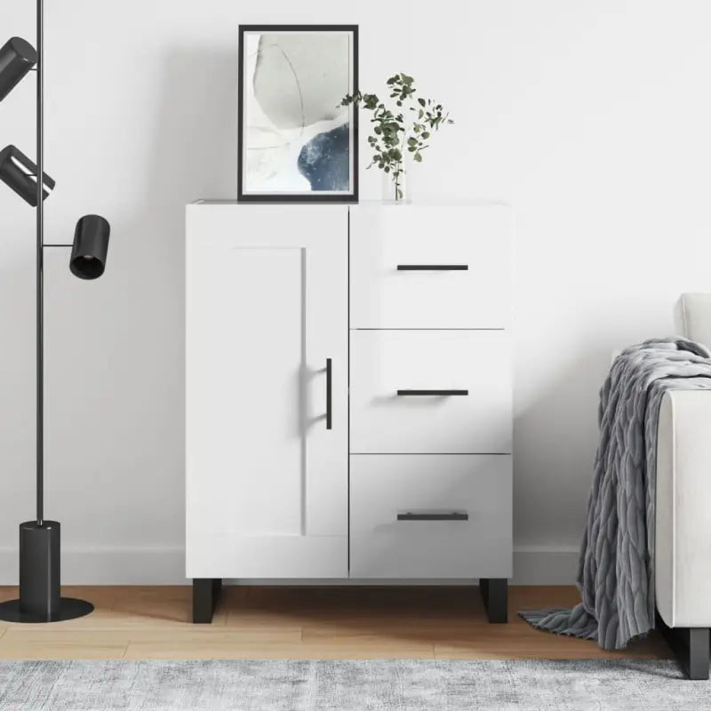 Hoogglans wit dressoir met metalen poten en bewerkt hout - Dressoirs & buffetkasten