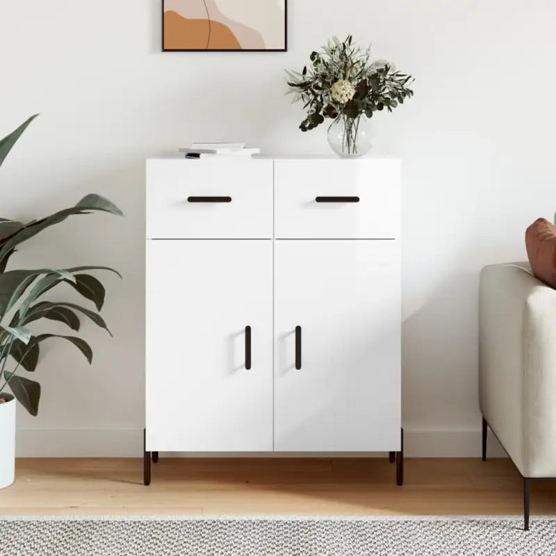 Hoogglans wit dressoir met metalen poten en bewerkt hout - Dressoirs & buffetkasten