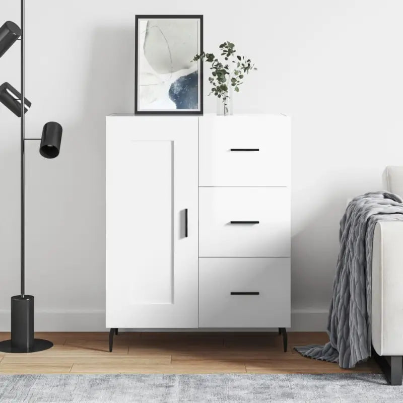 Hoogglans wit dressoir met metalen poten en bewerkt hout - Dressoirs & buffetkasten