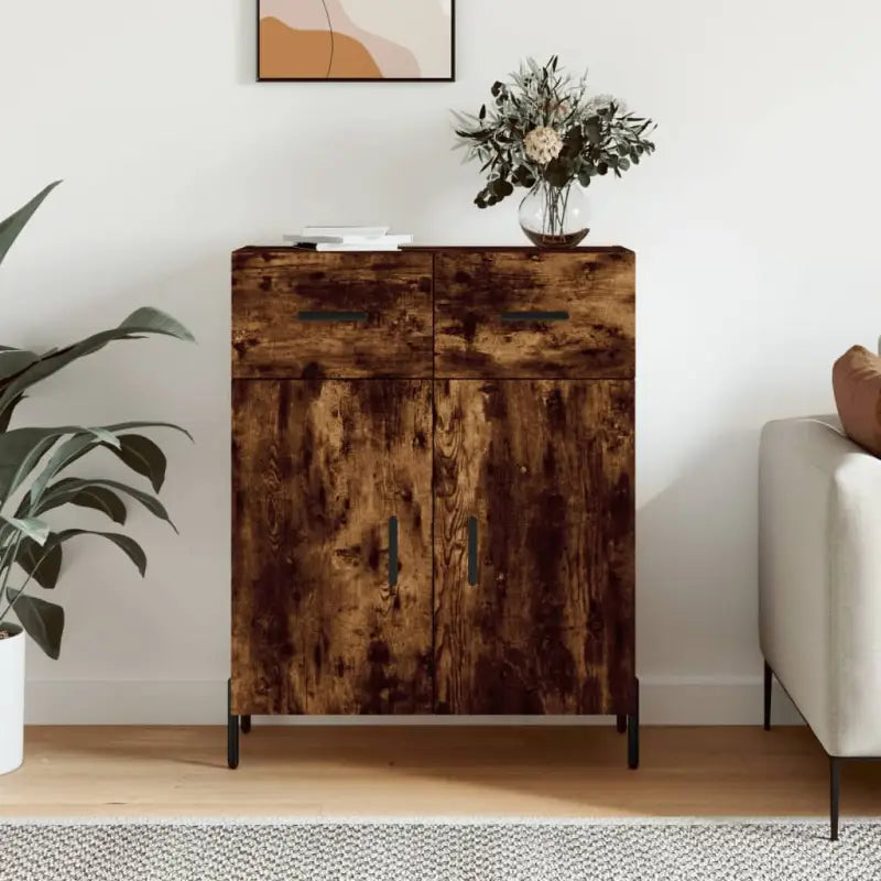 Hoogglans wit dressoir met metalen poten en bewerkt hout - Gerookt eiken / 1 - Dressoirs & buffetkasten