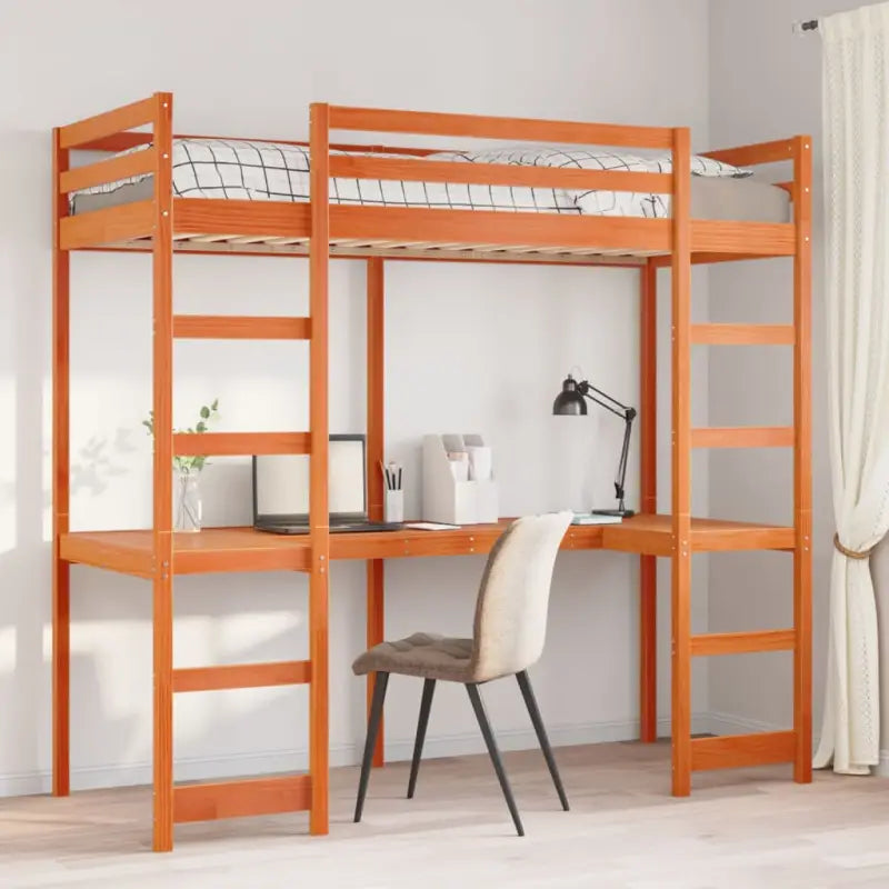 Hoogslaper met bureau in massief grenenhout voor beperkte ruimte - Wasbruin / 80 x 200 cm - Bedden & bedframes