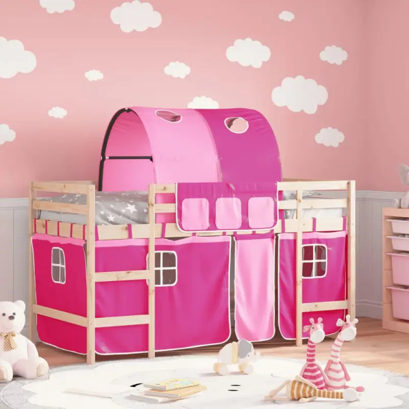Hoogslaper voor kinderen van massief grenenhout met ruimtebesparing - Naturel en roze / 80 x 200 cm - Bedden & bedframes
