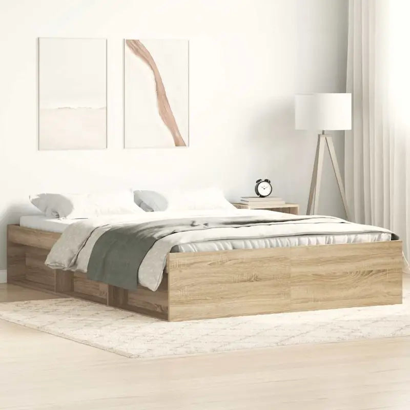 Houten bedframe met multiplex lattenbodem voor een moderne slaapkamer - Sonoma eiken / 150 x 200 cm - Bedden & bedframes