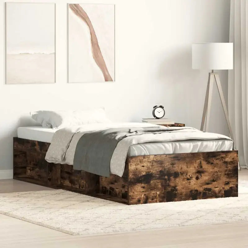 Houten bedframe met multiplex lattenbodem voor een moderne slaapkamer - Gerookt eiken / 75 x 190 cm - Bedden & bedframes