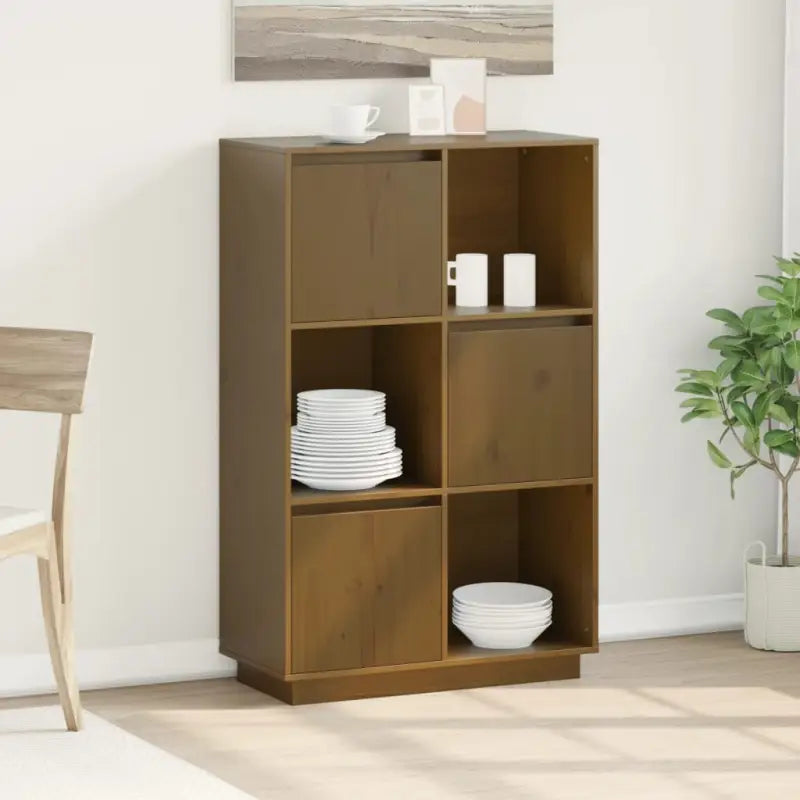 Houten hoge kast van massief grenenhout met rustieke uitstraling - Honingbruin / 1 - Dressoirs & buffetkasten