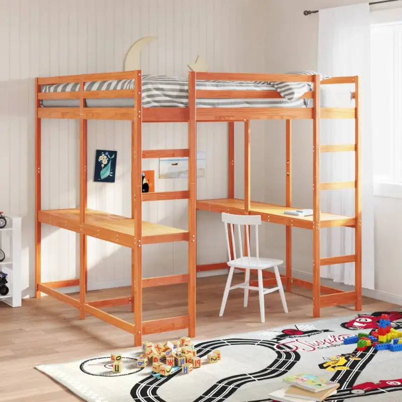 Houten Hoogslaper van Massief Grenenhout voor Een Ruimtebesparende Kamer - Wasbruin / 140 x 200 cm - Bedden & bedframes