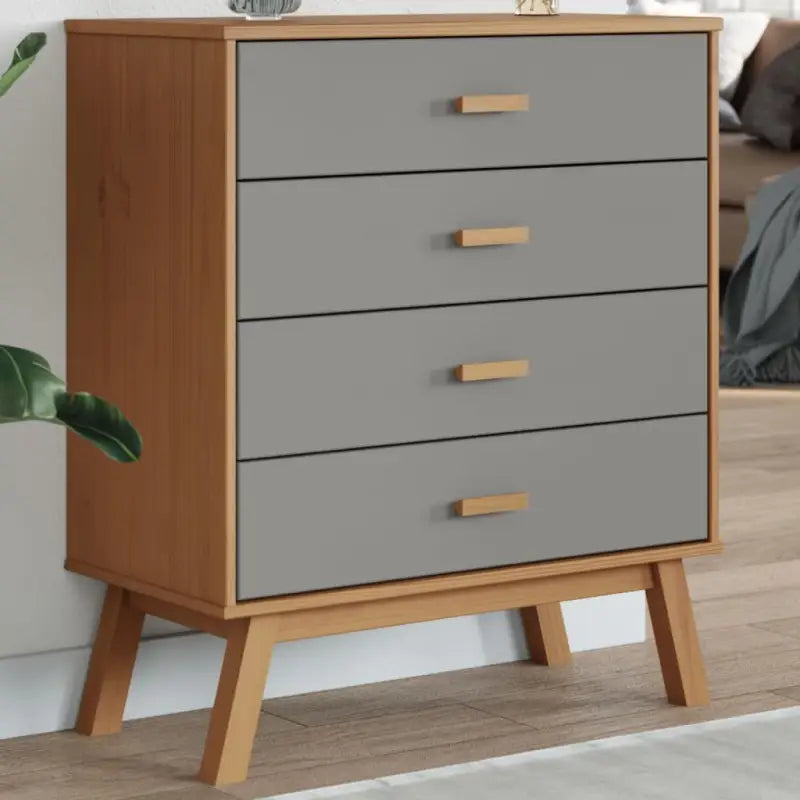 Houten ladekast met massief grenenhout en houten poten - Grijs en bruin / 1 - Commodes & ladekasten