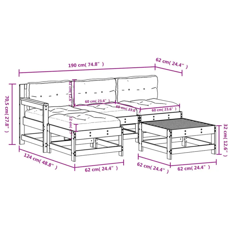 Houten loungeset met massief grenenhout en voetenbank salontafel - Tuinsets