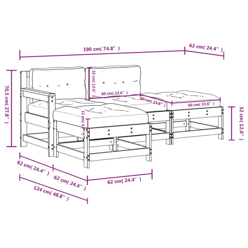 Houten loungeset met massief grenenhout en voetenbank salontafel - Tuinsets