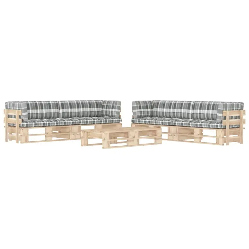 Houten Pallet Loungeset voor Gezelligheid en Ontspanning - Grijs ruitpatroon / 4x hoek + 2x Tafel / Bruin - Tuinsets