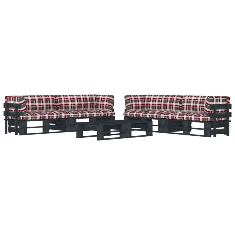 Houten Pallet Loungeset voor Gezelligheid en Ontspanning - Rood ruitpatroon / 4x hoek + 2x Tafel / Zwart - Tuinsets