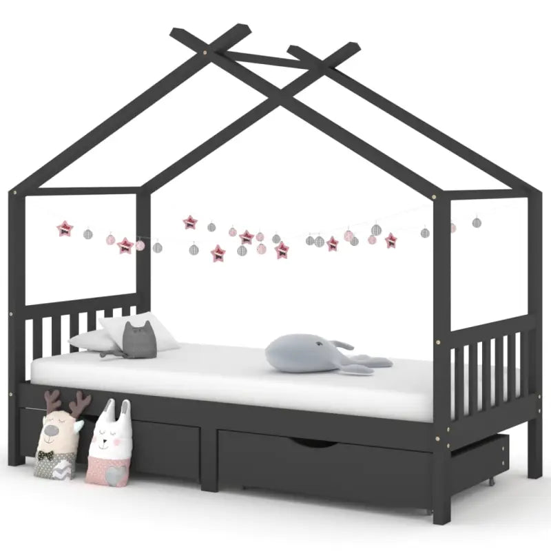 Houten peuterbed met lade in massief grenenhout met boomhut-stijl - Donkergrijs / 90 x 200 cm / 2 lades - Peuter- &