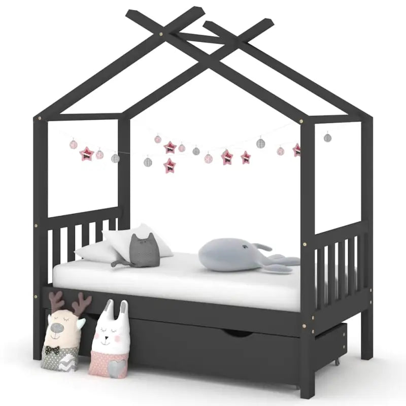 Houten peuterbed met lade in massief grenenhout met boomhut-stijl - Donkergrijs / 70 x 140 cm / 1 lade - Peuter- &