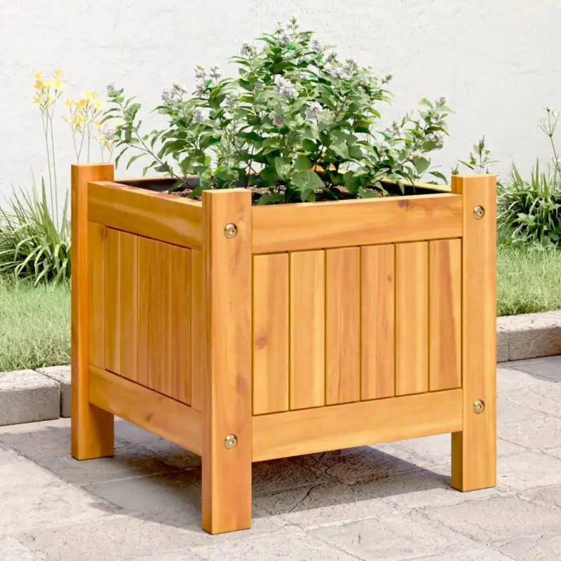 Houten plantenbak van massief acaciahout met nonwoven zak voor tuinieren - 31 x 31 x 30 cm / 1 - Bloempotten &