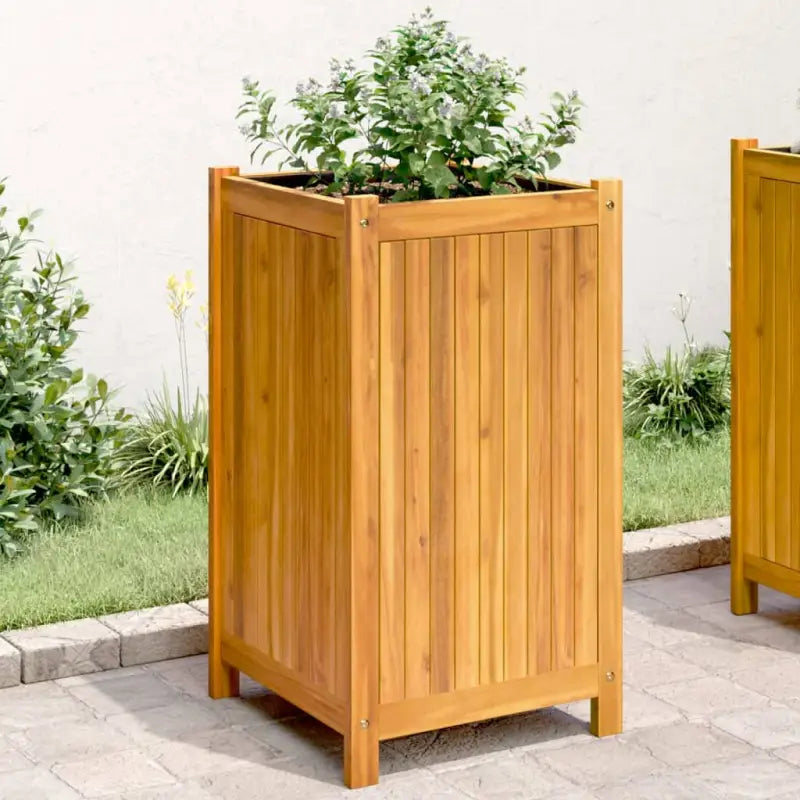 Houten plantenbak van massief acaciahout met nonwoven zak voor tuinieren - 42 x 42 x 75 cm / 1 - Bloempotten &