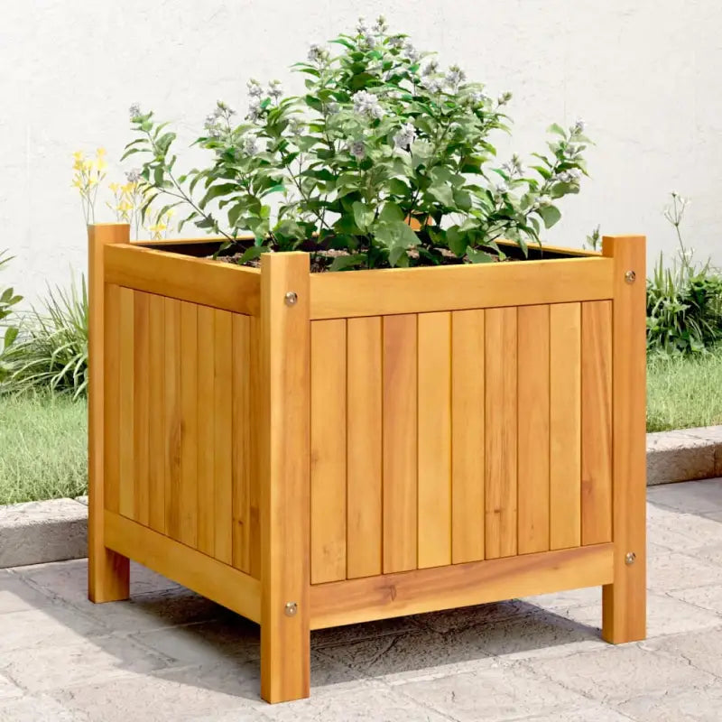 Houten plantenbak van massief acaciahout met nonwoven zak voor tuinieren - 42 x 42 x 40 cm / 1 - Bloempotten &