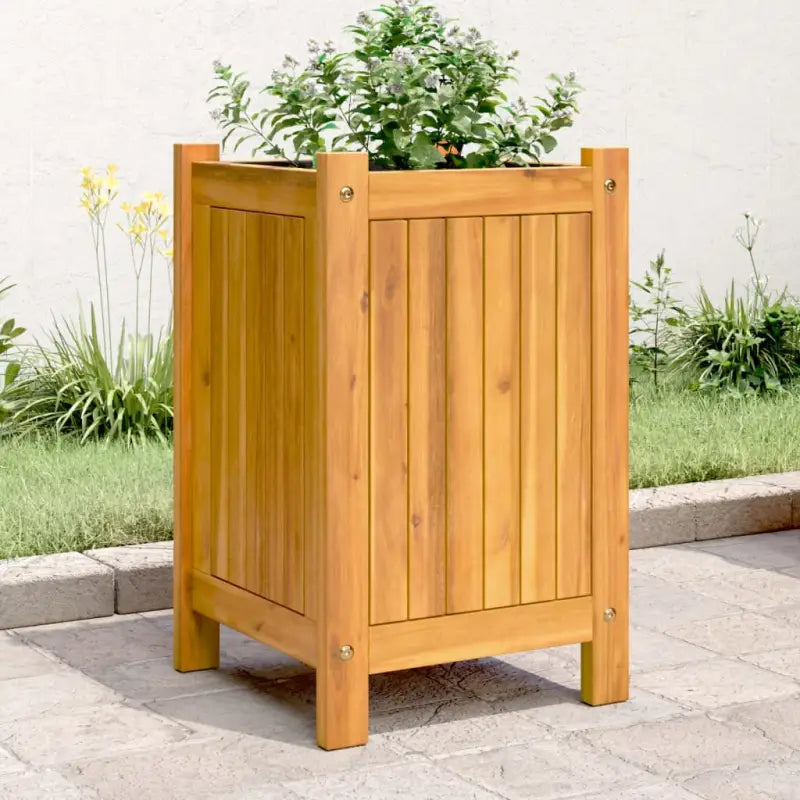 Houten plantenbak van massief acaciahout met nonwoven zak voor tuinieren - 31 x 31 x 50 cm / 1 - Bloempotten &