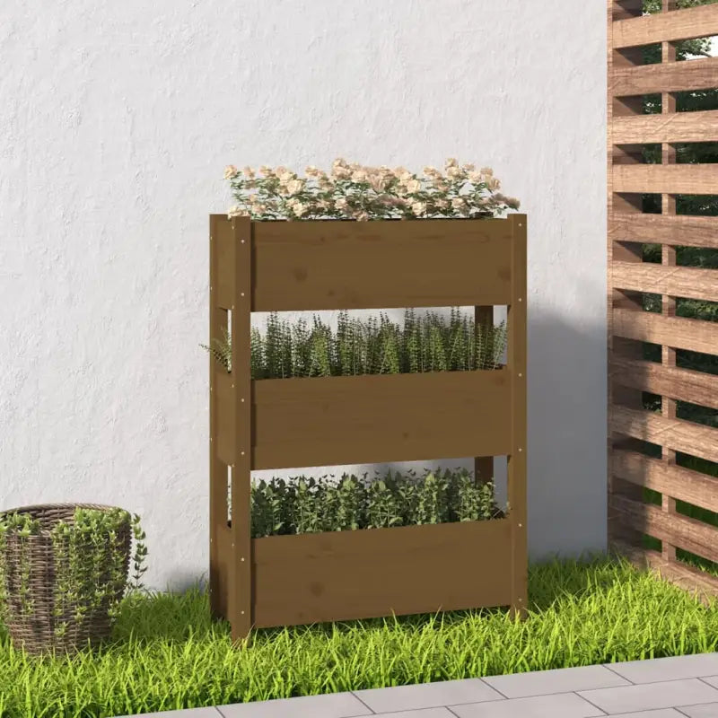 Houten plantenbak van massief grenenhout voor binnen en buiten gebruik - Honingbruin / 77 x 25 x 104.5 cm / 1