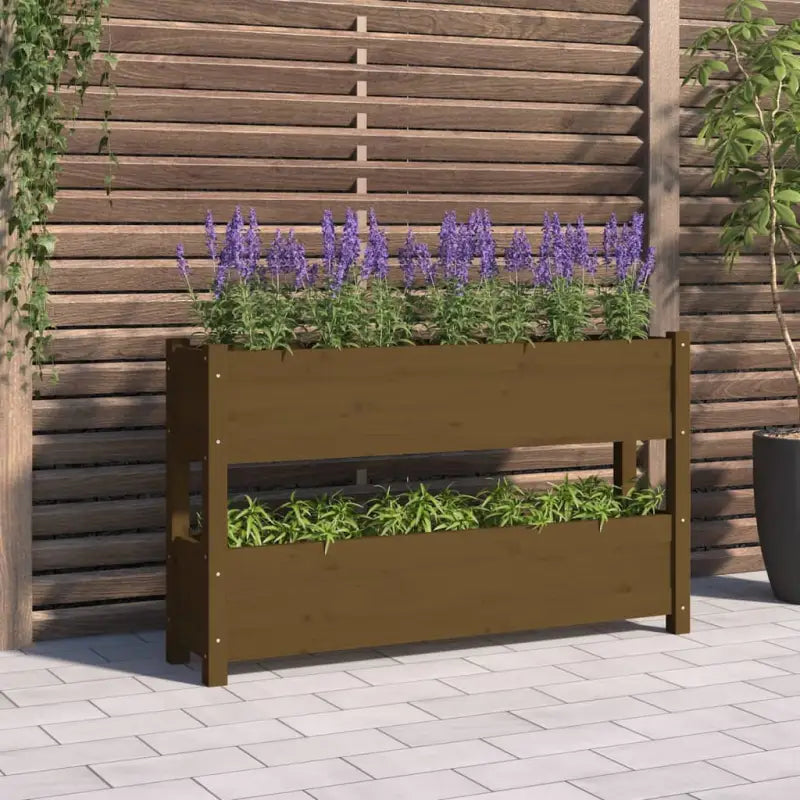 Houten plantenbak van massief grenenhout voor binnen en buiten gebruik - Honingbruin / 112 x 25 x 66 cm / 1