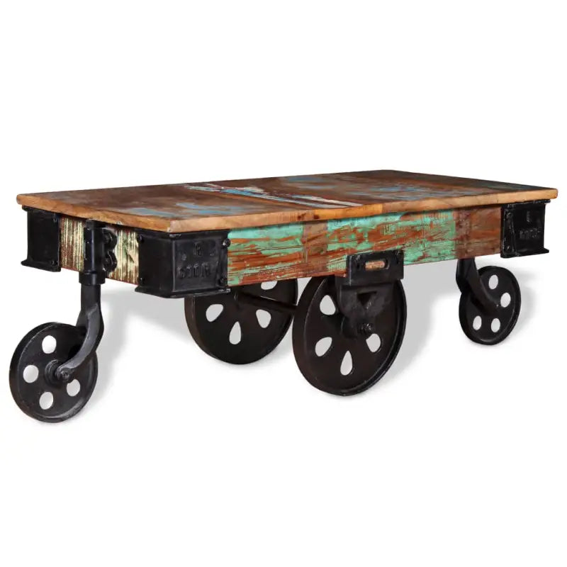 Houten salontafel met gerecycled hout en ijzeren wielen in industriële stijl - Multikleur / 1 - Salontafels