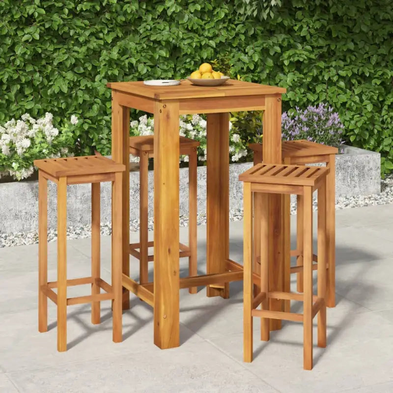 Houten tuinbarset met massief acaciahout en stevig tafelblad - 60 cm tafellengte / Barkrukken met vierkante zitting