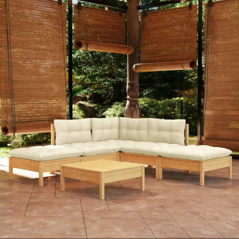 Houten tuinmeubelset met massief grenenhout en comfortabele kussens - Bruin en crème - Tuinsets