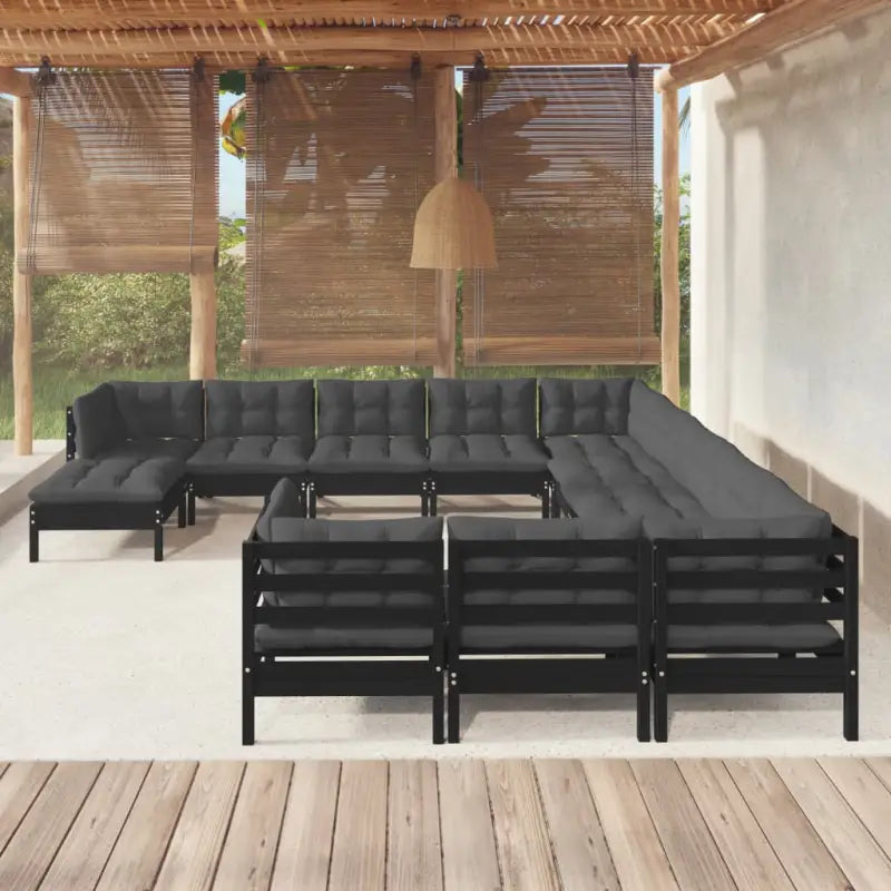 Houten tuinmeubelset met massief grenenhout en comfortabele rug en zijkussens - Zwart - Tuinsets
