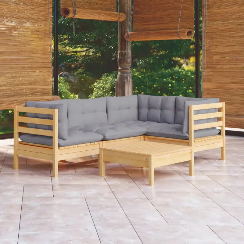 Houten tuinmeubelset met massief grenenhout en comfortabele rug- en zijkussens - Bruin en grijs - Tuinsets